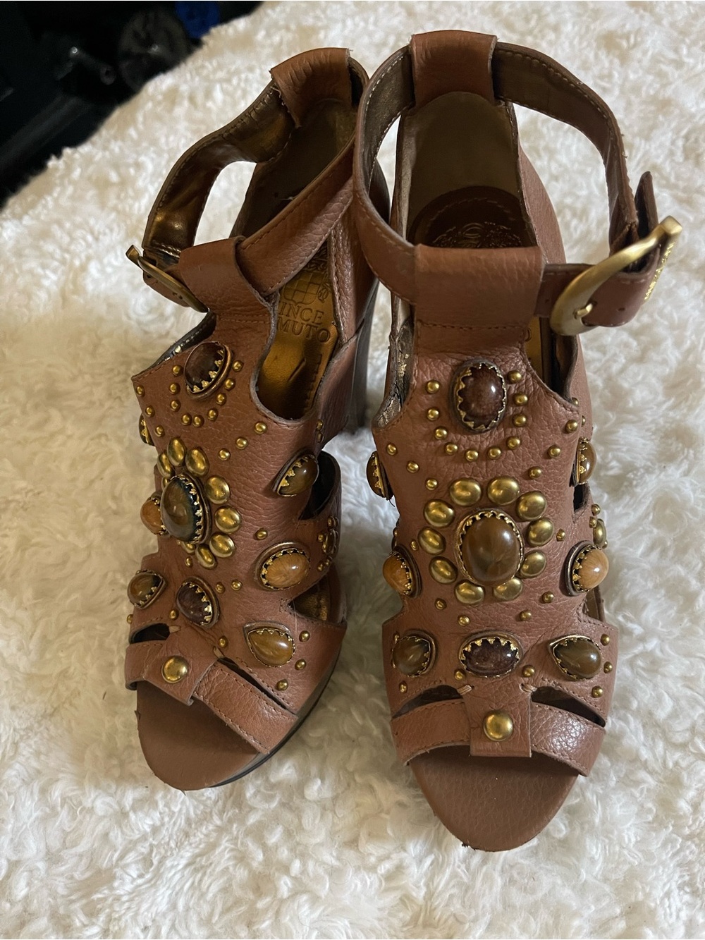 Vince Camuto Brown Leather Studded Gem High Heel Sandals